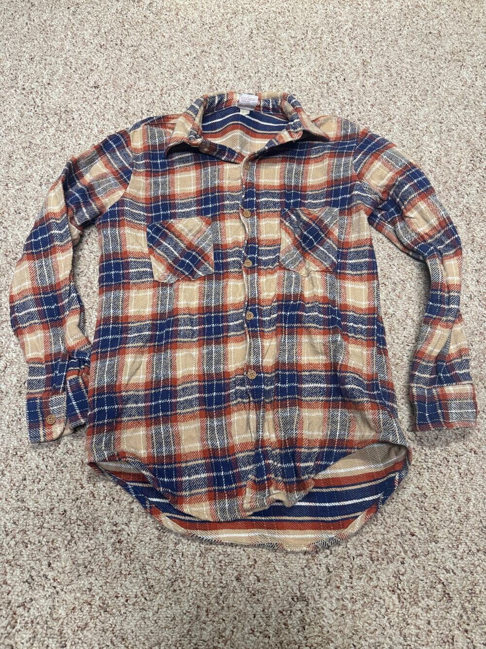 Vintage Big Mac Flannel Shirt Mens Medium Tan Blue Orange Plaid Workwear